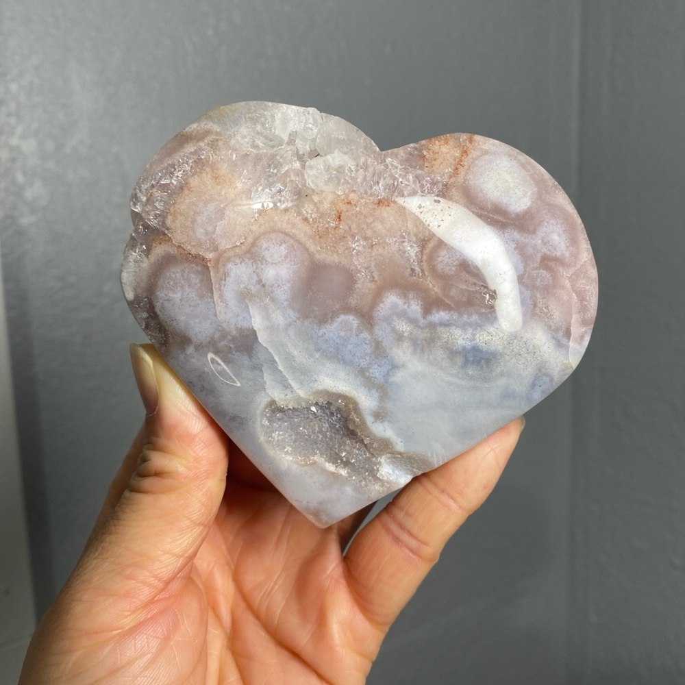 FLOWER AGATE DRUZY QUARTZ HEART CRYSTAL CARVING